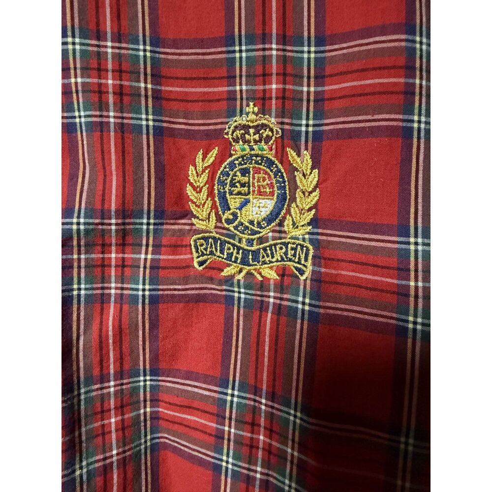 Ralph Lauren Plaid Button Down Shirt 6 Red Green Tartan Gold Crest Embroidered - Picture 6 of 8